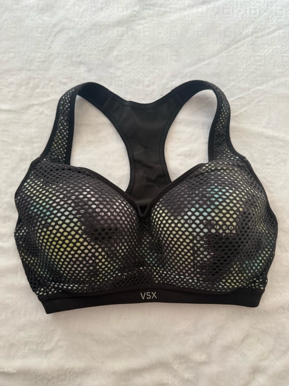 VSX Victoria’s Secret Mesh Overlay Sports Bra 34D Neon Abstract Print